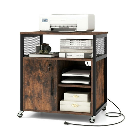 Canddidliike File Cabinet on Wheels with Charging Station and Cable Management Hole-Brown,