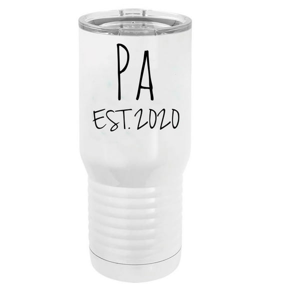 Pa Est. 2020 Established Stainless Steel Vacuum Double-Walled Insulated 20 Oz Tumbler Travel Coffee Mug with Clear Lid, White