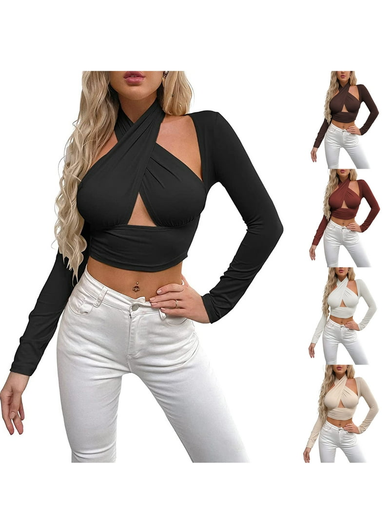 Kiapeise Women's Sexy Long Sleeve Cut Out Crisscross Halter Neck