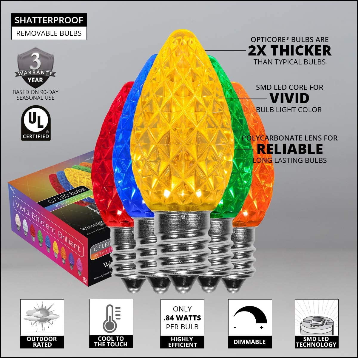 Opticore C7 LED Multicolor Christmas Lights, C7 Christmas Lights with Shatterproof Christmas Bulbs, 25 Lights, 25’