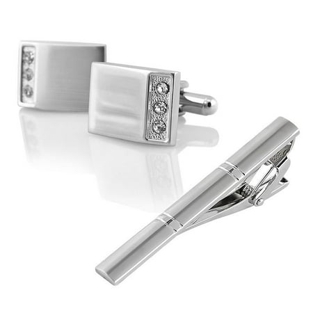 18k Gemstone Cufflinks - Men's Silver Rectangle with 3 Jewels Cufflinks + Silver Double Lines Brushed Tie Clip