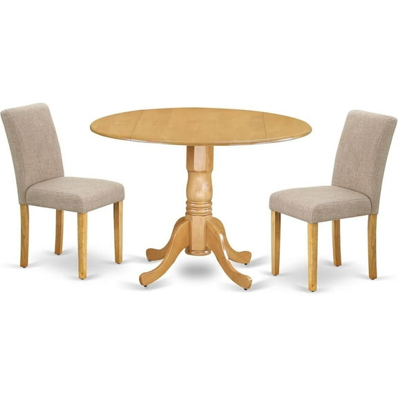 HomeStock 3 Piece Dining Room Set Contains a Round Dining Table with Dropleaf and 2 Light Tan Linen Fabric Parsons Chairs, 42x42 Inch,Oak