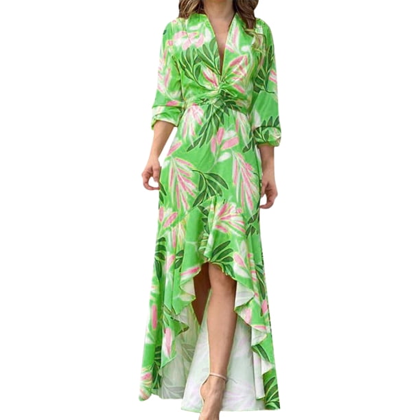 Vestido largo informal con estampado de hojas, asimétrico, para mujer, ajustado, estilo bohemio, traje diario FLhrweasw Nuevo