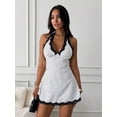 thumbnail image 3 of Black And White Polka Dot Halter Neck Lace Trim A-Line Mini Dress For Women, 3 of 7