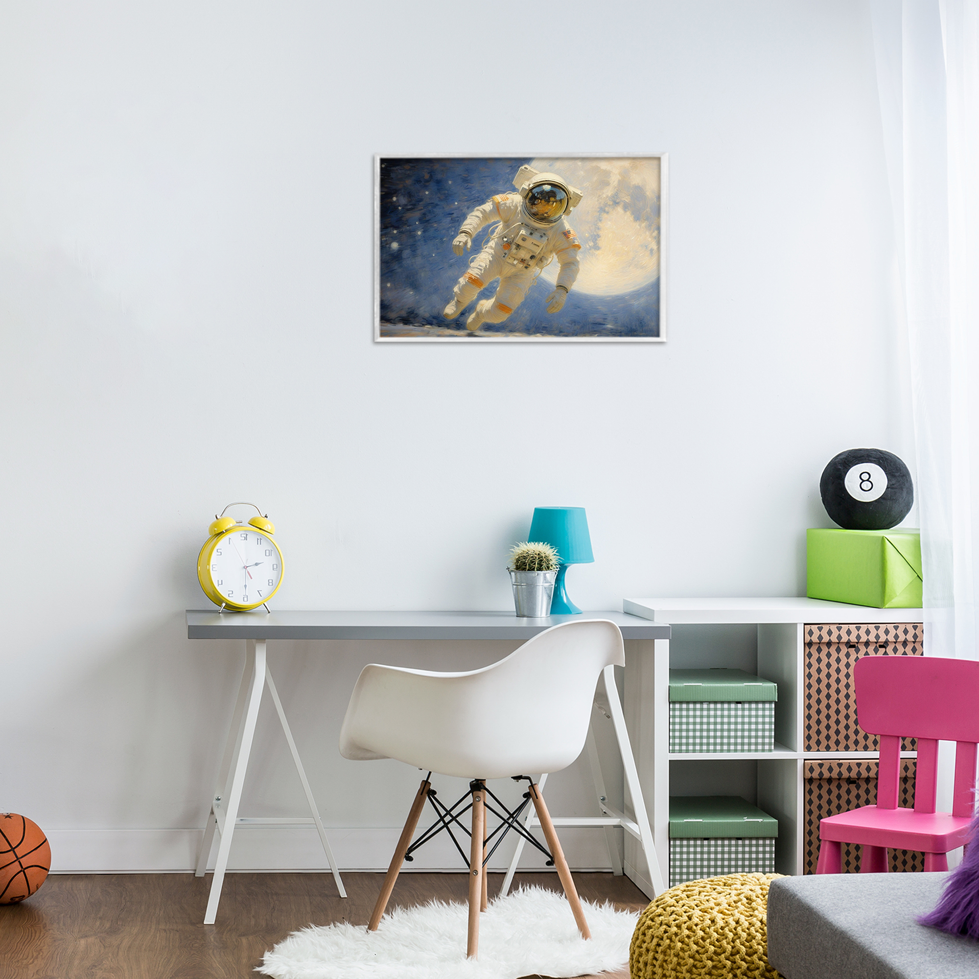 Astronaut in Vast Galaxy White Framed Giclee Art, design by Angie Hawke