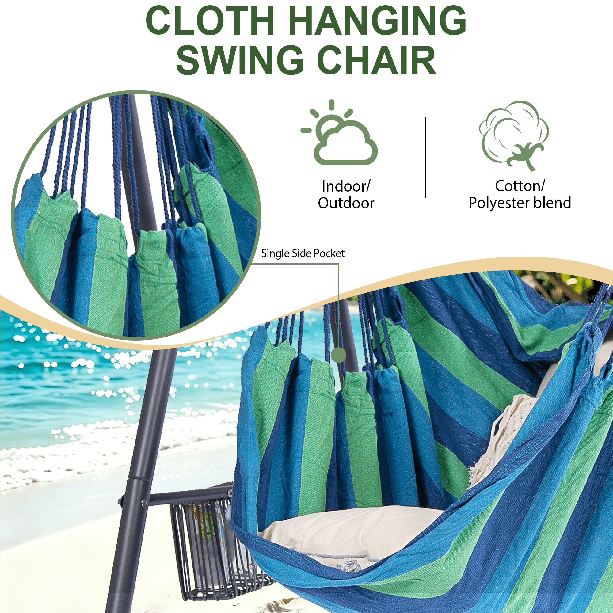 Hammock Chair Hanging Rope Swing & Stand Set with Two Holders, Heavy Duty Hanging Stand with Three Hooks, Multi-Use for Indoor Outdoor Patio Yard Garden (Grey)