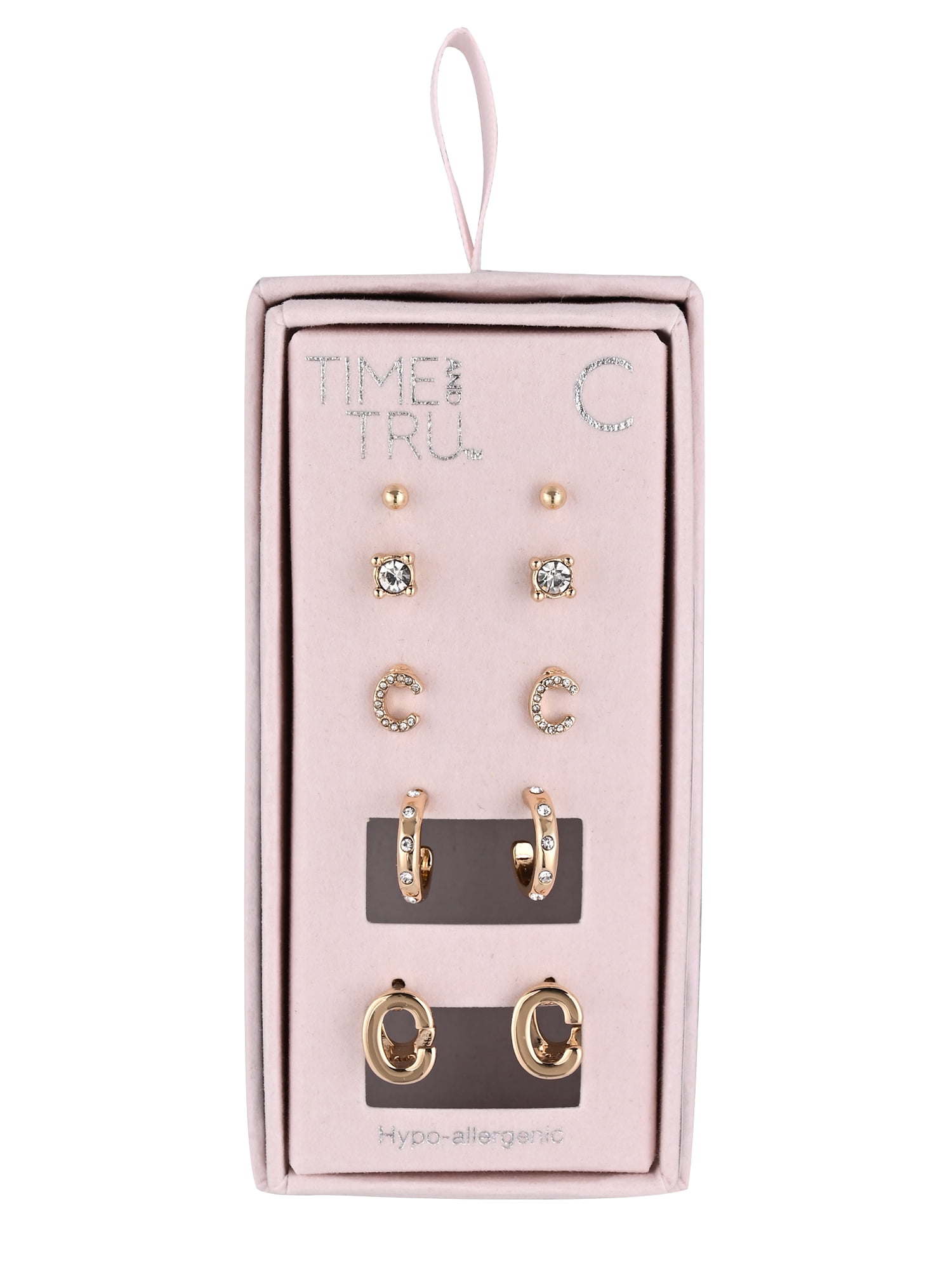 Time and Tru Goldtone 5pc Crystal Studs Hoop Initial "C"Earring Set