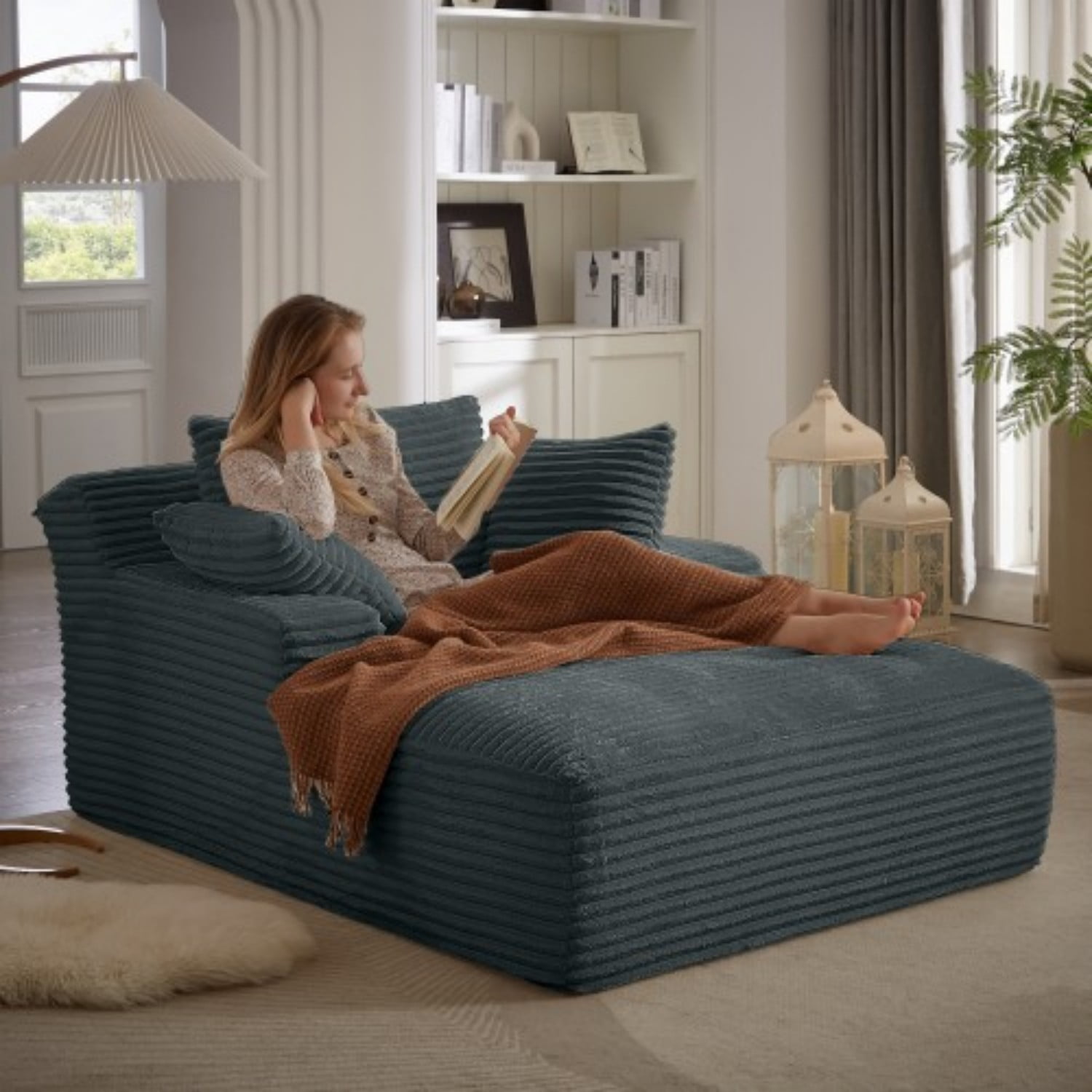 Oversized Chaise Lounge Chair, Corduroy Upholstered Modern Sleeper Sofa Couch with High Density Foam Cushion, No Assembly Required Lounge Sofa for Living Room, Bedroom & Office, Dark Gray