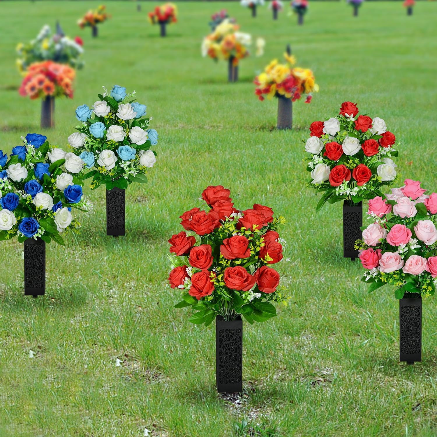 Artificial Cemetery Flowers, Grave Memorial Flowers with Vase, Artificial Rose Bouquet Decoration for Cemetery Headstones Gravesites, Set of 2 (Yellow), White