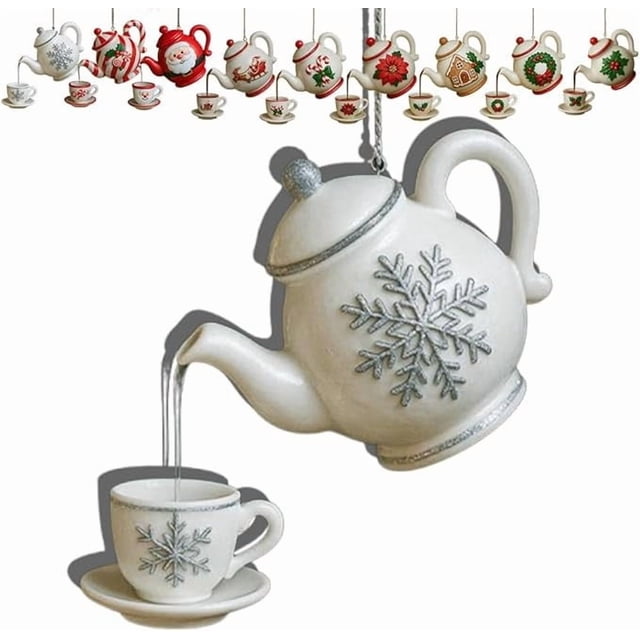 Vintage Christmas Teapot Ornament With Pouring Tea Effect Holly And Red Berries Design For Christmas Tree Decor