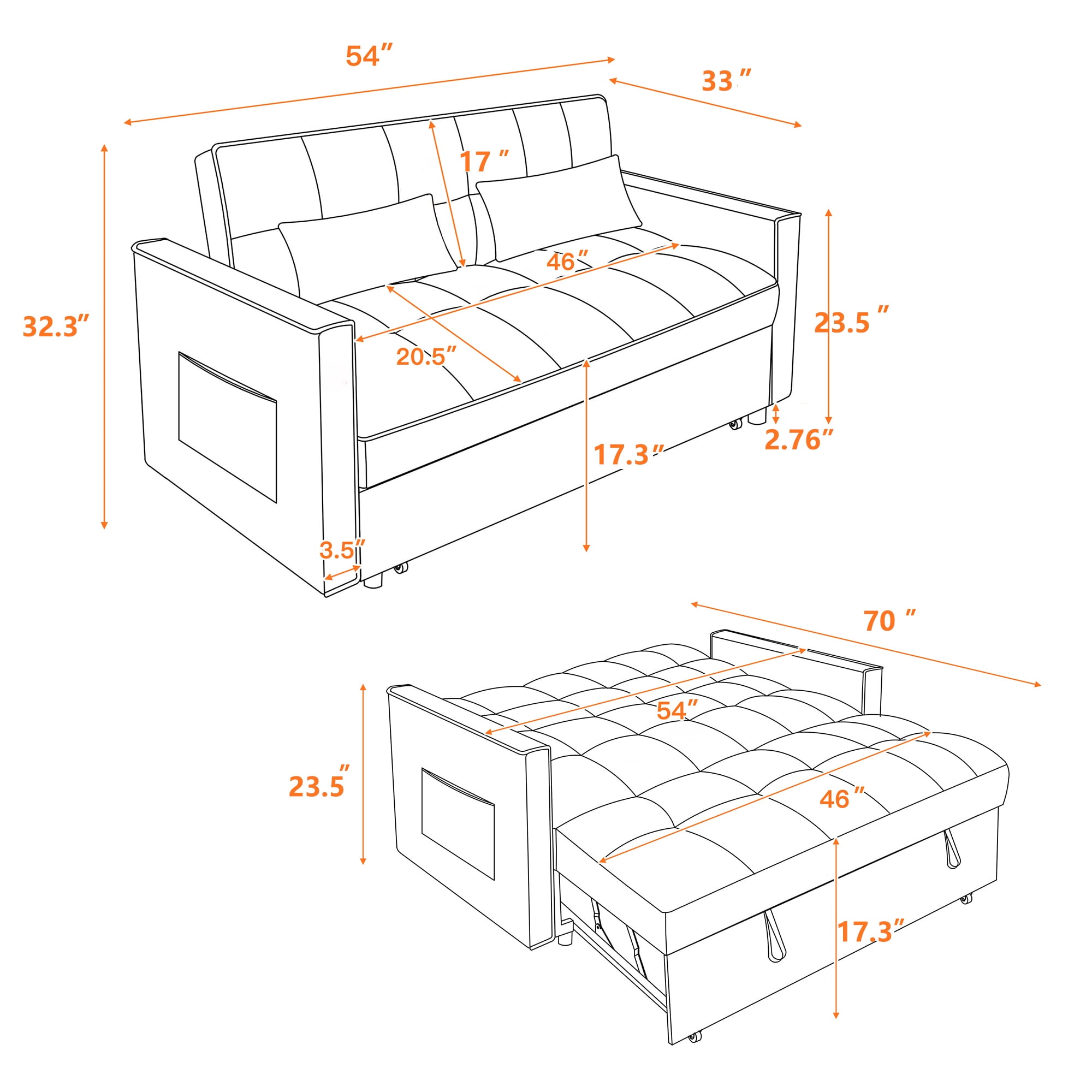 Kadyn Futon Sofa Bed, 54" Adjustable Backrest Convertible Futon Sofa for Living Room, Futon Sleeper Sofa with Side Pouch, Blue