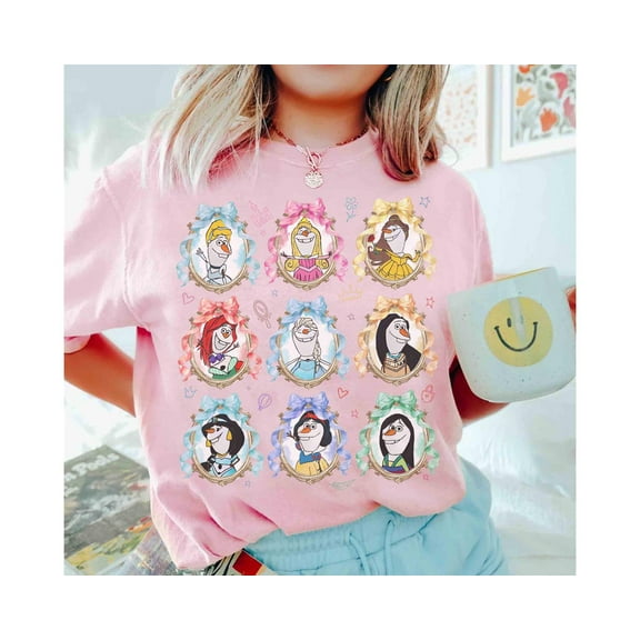 Watercolor Coquette Bows Olaf Disney Princess Characters T-Shirt, Belle Aurora Elsa Ariel Tee, Magic Kingdom Girl Trip Shirt