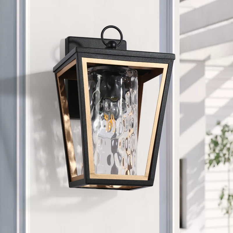 LNC Matte Black and Gold Outdoor Wall Light with Ripple Glass