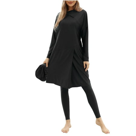 UTSJKR Muslim Swimsuit for Women Rash Guard Set 3 Pieces Long Sleeve Modest Slit Swimwear with Swim Cap Surfing Bathing Suit Black L