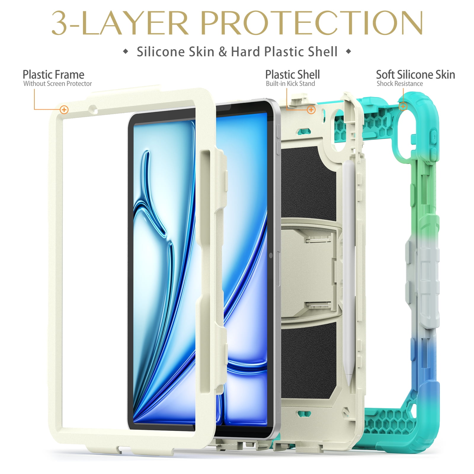 Rugged Case For Apple iPad Air 11 (2024) – 3-Layer Protection Shockproof Stand Cover with Screen Protector, Adjustable Stand, Shoulder Strap, & Pencil Holder -- Colorful Blue