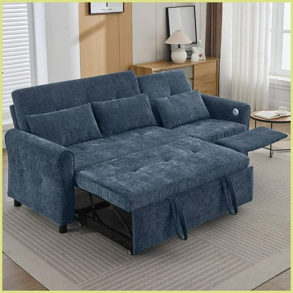82" Modern Chenille 3-Seater Sofa Bed with Reversible Recliner & USB Ports for Living Room, Blue