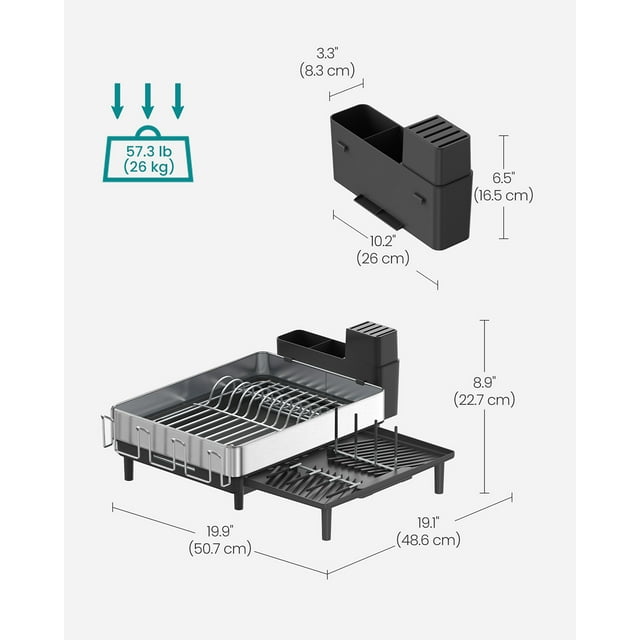 SONGMICS Dish Drying Rack, Expandable Dish Dryer for Kitchen Counter, Stainless Steel Dish Rack with Rotatable Spout, Utensil, Cup, Glass, Cutting Board and Pan Holders, Silver and Black