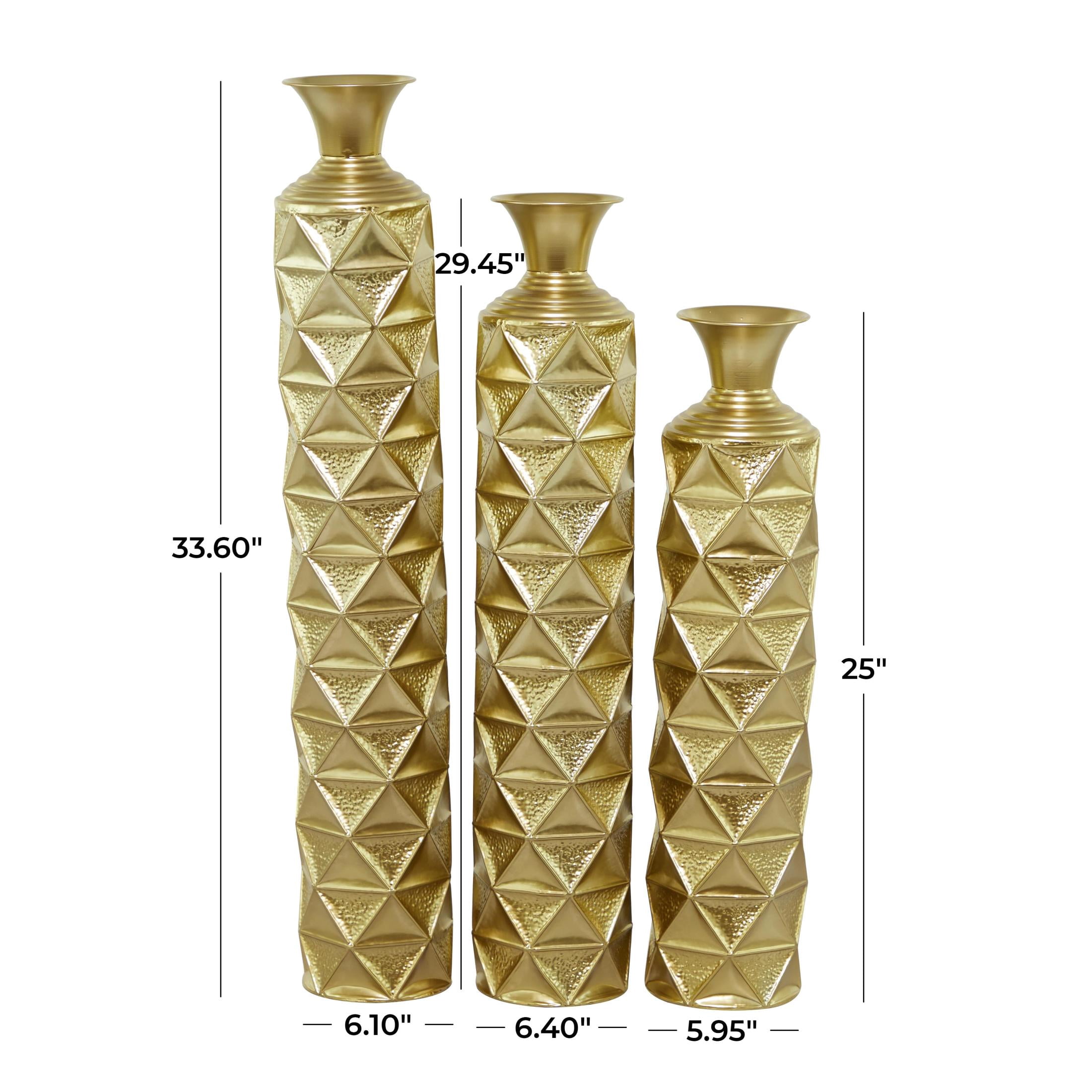 DecMode 34", 29", 25"H Geometric Tall Distressed Metallic Gold Metal Vase with 3D Triangle Patterns, Set of 3