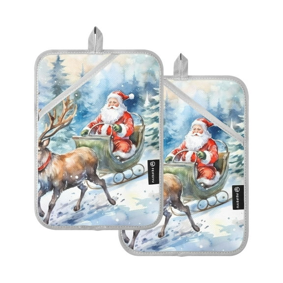 ALAZA Christmas Deers with Santa Pot Holders Set of 2 Heat Resistant Kitchen Oven Mitts