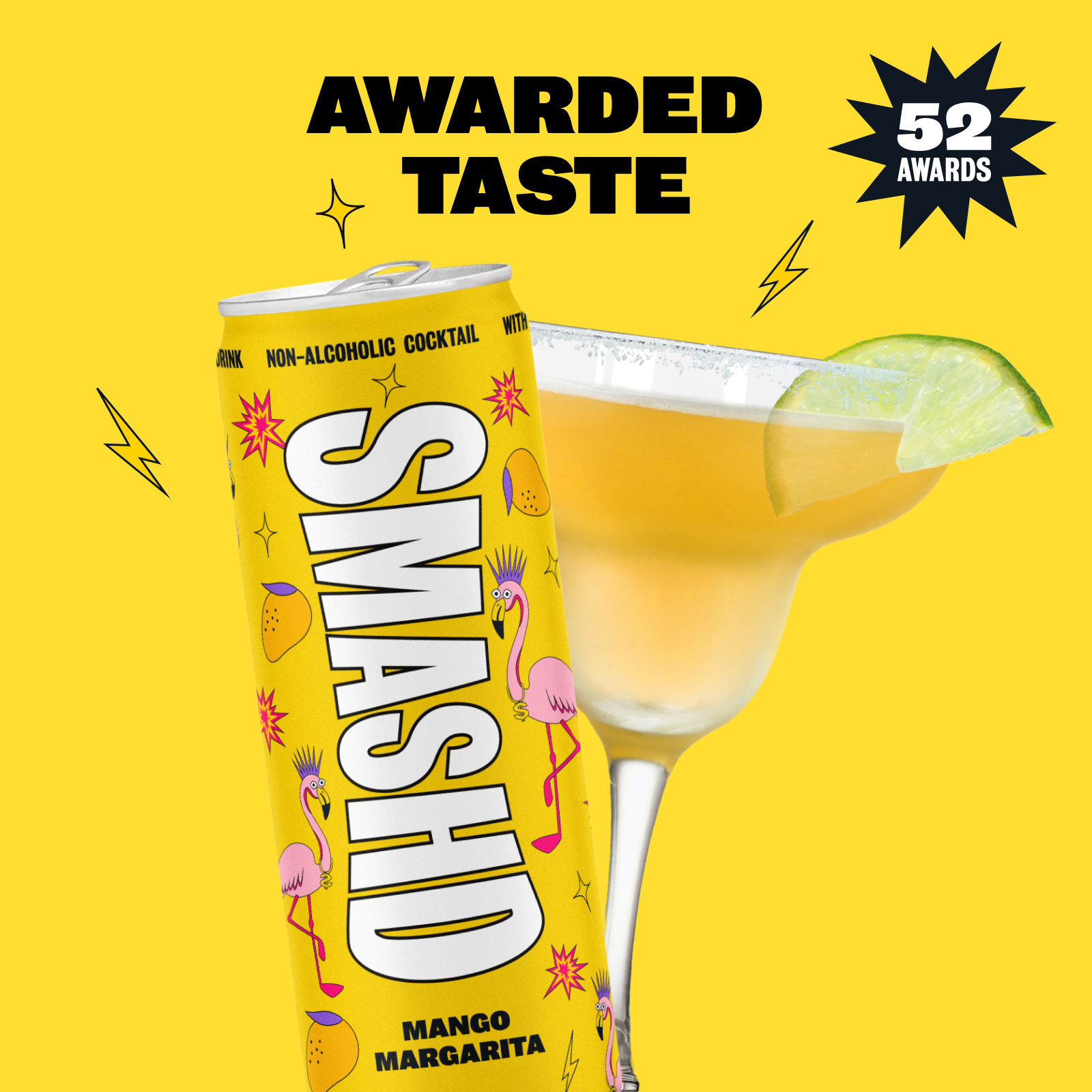 SMASHD Alcohol-Free Mocktails, Non-Alcoholic Beverage Flavored Sparkling Water, Tequila alternative No Artificial Flavors, Caffeine-Free, with electrolytes, 12 Oz&nbsp; (Mango Margarita, 12 Pack)