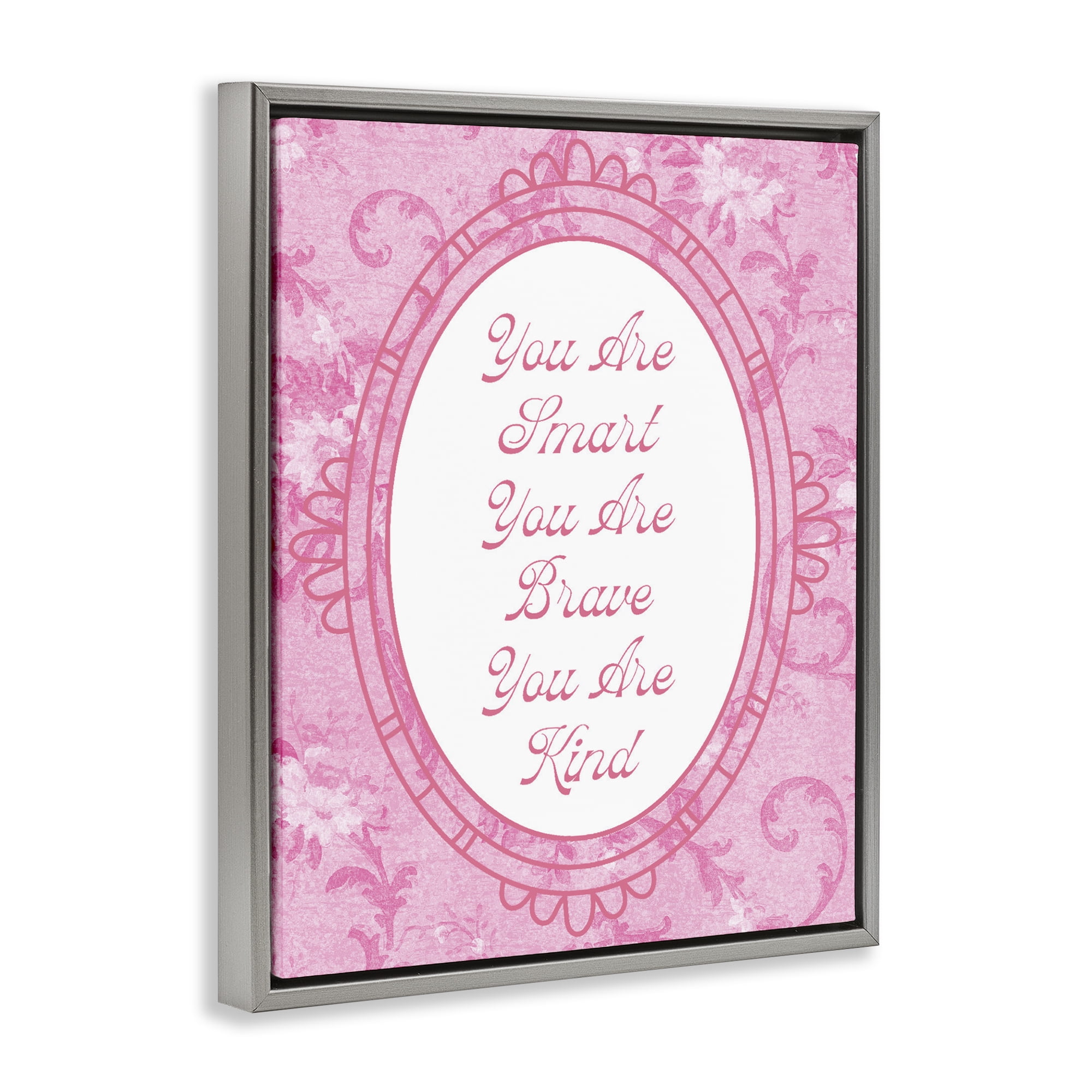 Stupell Industries Smart Brave & Kind Ornate Pink Gray Framed Floater Canvas Wall Art, design by Lil' Rue