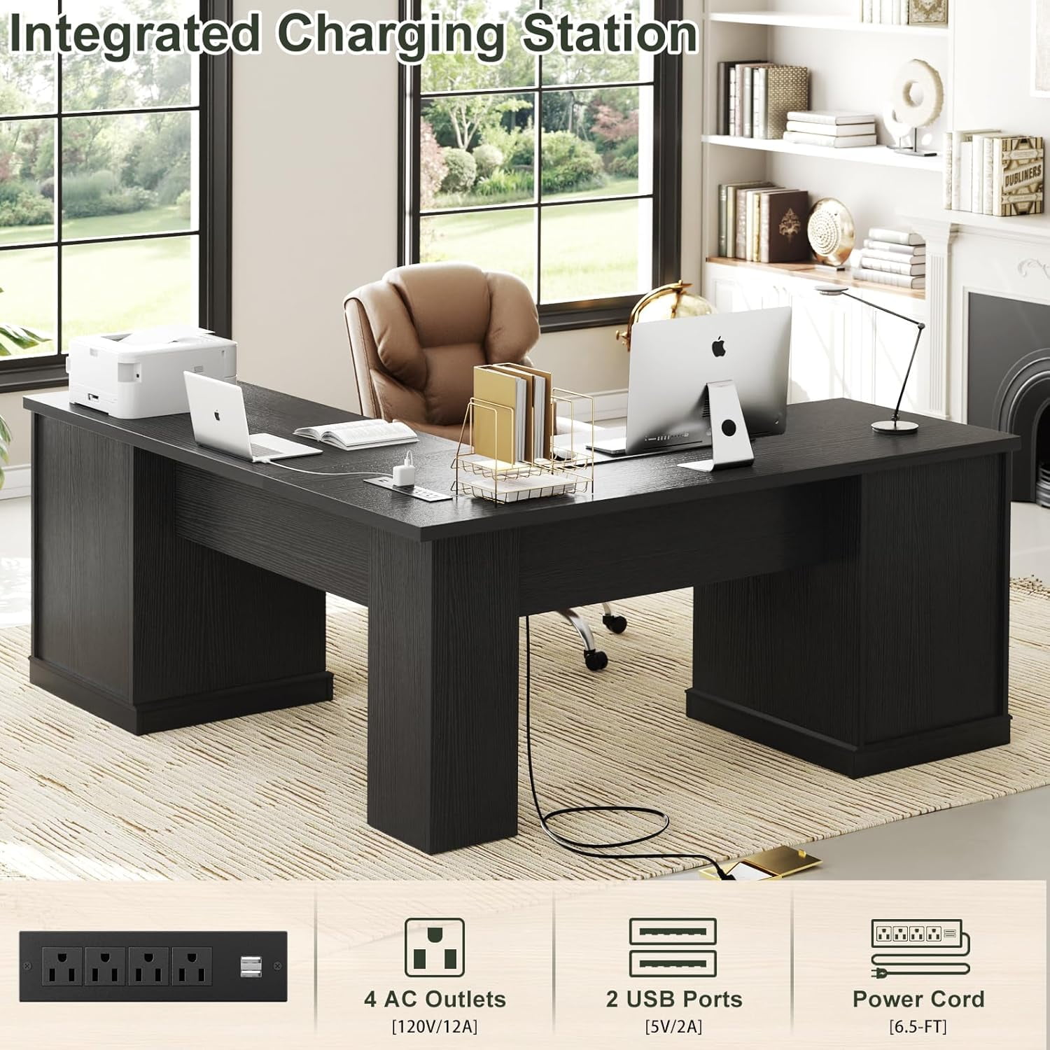 Homieasy L Shaped Executive Desk with File Drawers, 60" Corner Computer Desk with Power Outlets, Large 2 Person Home Office Table with Storage Cabinet, Sturdy Writing Desk, Black
