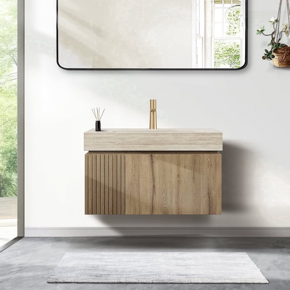 30" Floating Bathroom Vanity with Sink, Solid Wood & 16mm Plywood  Composite Cabinet with Drawer & Door Bathroom Vanity, Ceramic Basin & Sintered Stone Top - White Oak White Oak Wood Grain Vanity