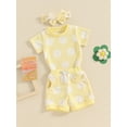 thumbnail image 4 of Musuos Baby Girls 3Pcs Summer Outfits 6 12 18 24M 3Y Short Sleeve Daisy Pattern T-shirt + Drawstring Shorts + Headband Set Casual Clothing for Toddler, 4 of 9