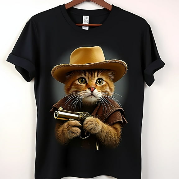 Funny Black T-Shirt with Cowboy Cat Graphic for Cat Lovers