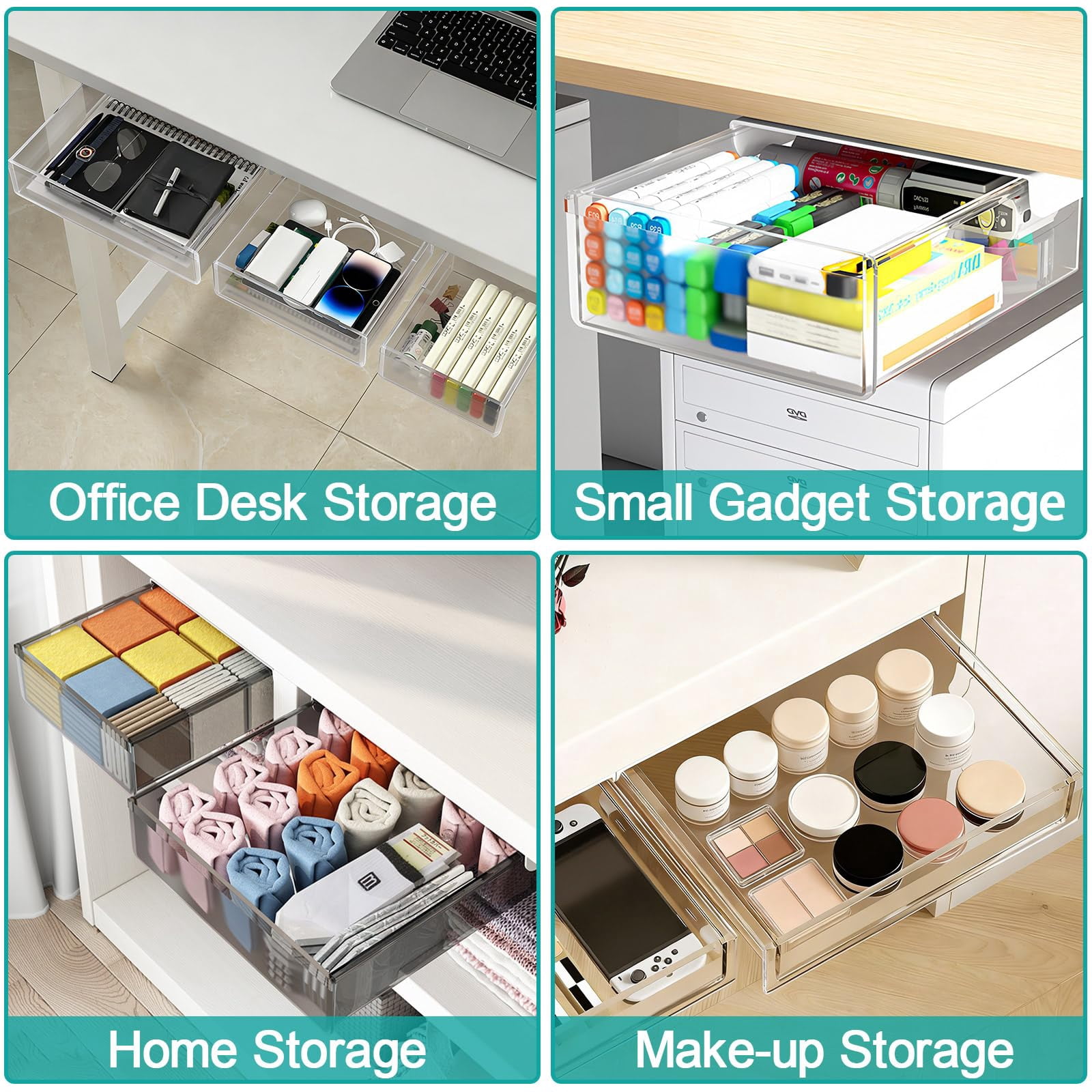 Under Desk Table Drawer Storage Organizer 3 Pack Small & Medium Large Slide Out Drawers - Desktop Adhesive Pencil Tray Table(clear/lms)