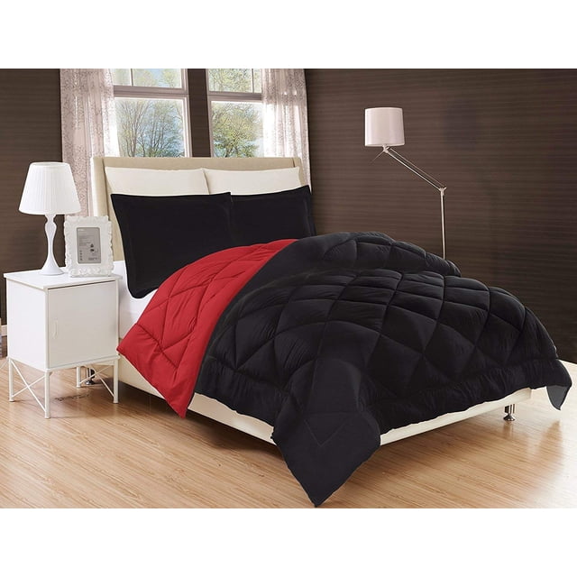Mocassi Duvet Inserted Reversible 2pc Comforter Set with Shams Twin, Black/Burgundy