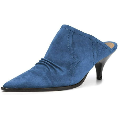 YDN Women Sexy Kitten Low Heel Mules Pumps Pointed Closed Toe Loafers Backless Slip On Sandals Suede Comfort Shoes Size 5 Blue