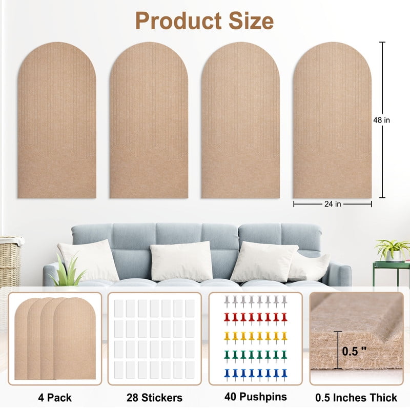 4 Pack Large Arch Felt Bulletin Board Push Pin Board 48"x24" Poster Board for Wall Decorative Cork Board Tiles Memo Board Track Board with Safe Removable Adhesive Tabs and Pushpins, Beige