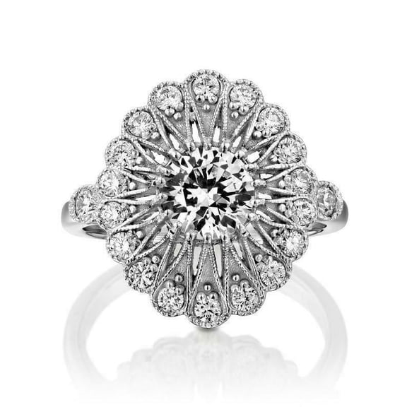 Floral Halo Milgrain Filigree Women's Engagement Ring 1.9 Ct Diamond 14K White Gold Over