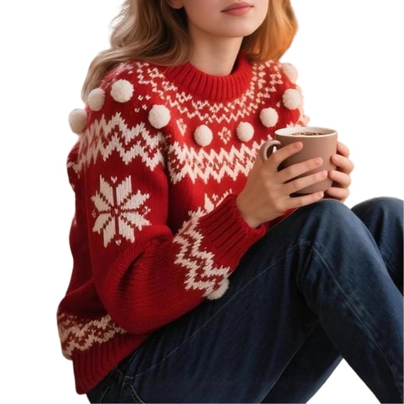 Christmas Winter Cold Season Sweater for Women Snowflake Pom-Poms Crewneck Holiday Knitted Sweater Fashion Clothes for Travel
