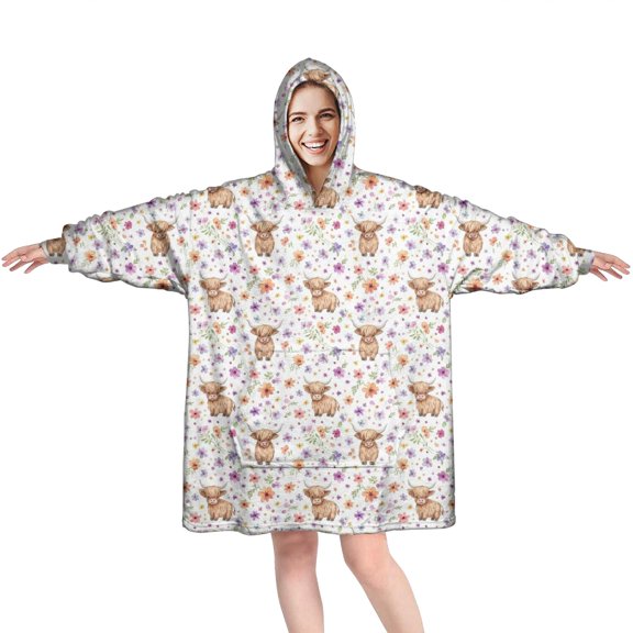 White Highland Cow Flower Pattern Wearable Oversized Blanket,Wearable Blanket Hoodie for Adults,Cozy Hooded Blankets with Super Pockets,Super Warm Fuzzy Pullover for Women & Men