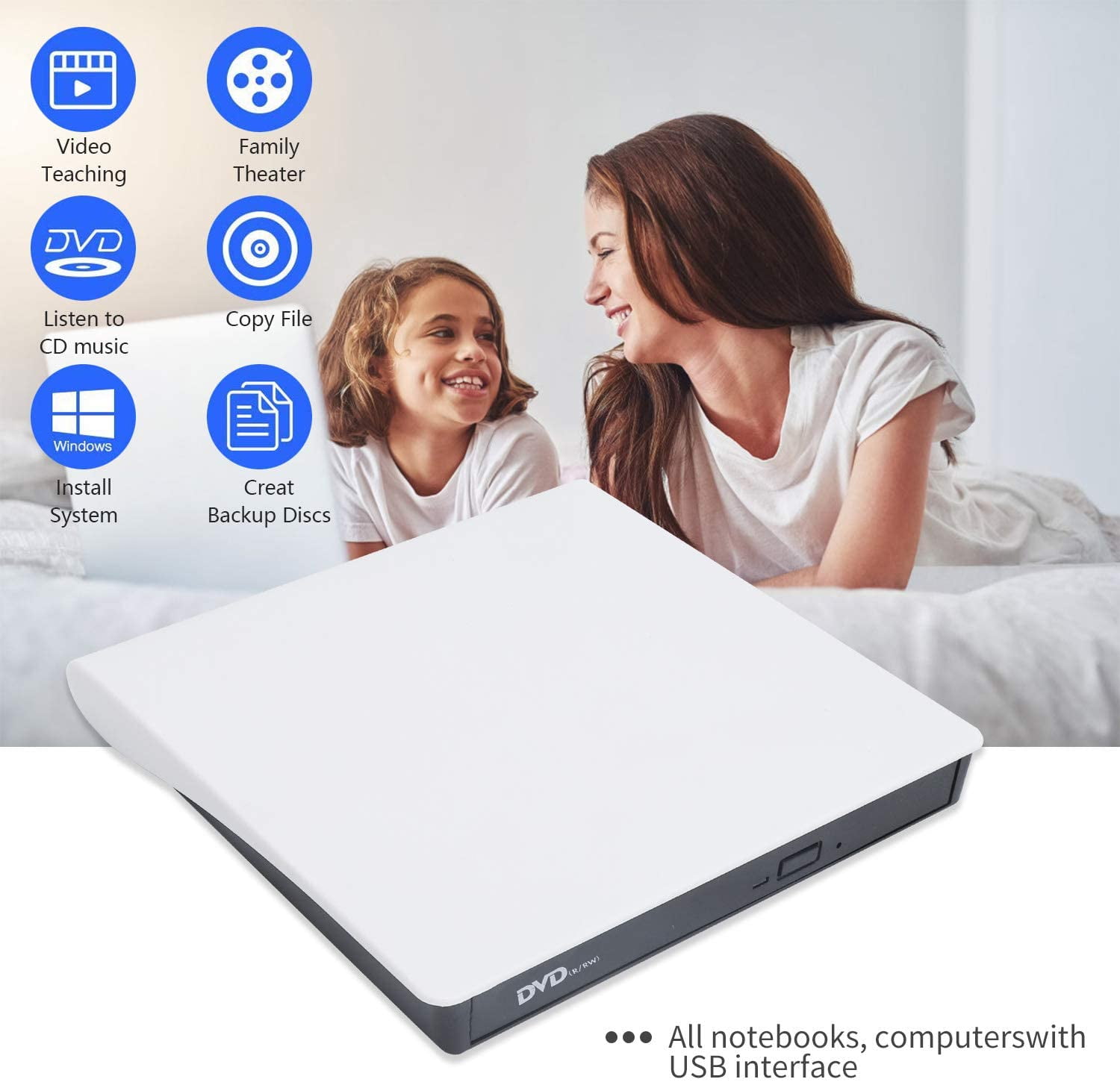 External CD DVD Drive, USB 3.0 Portable CD/DVD +/-RW Drive/DVD Player for Laptop CD ROM Burner Compatible with Laptop Desktop PC Windows Linux OS  White