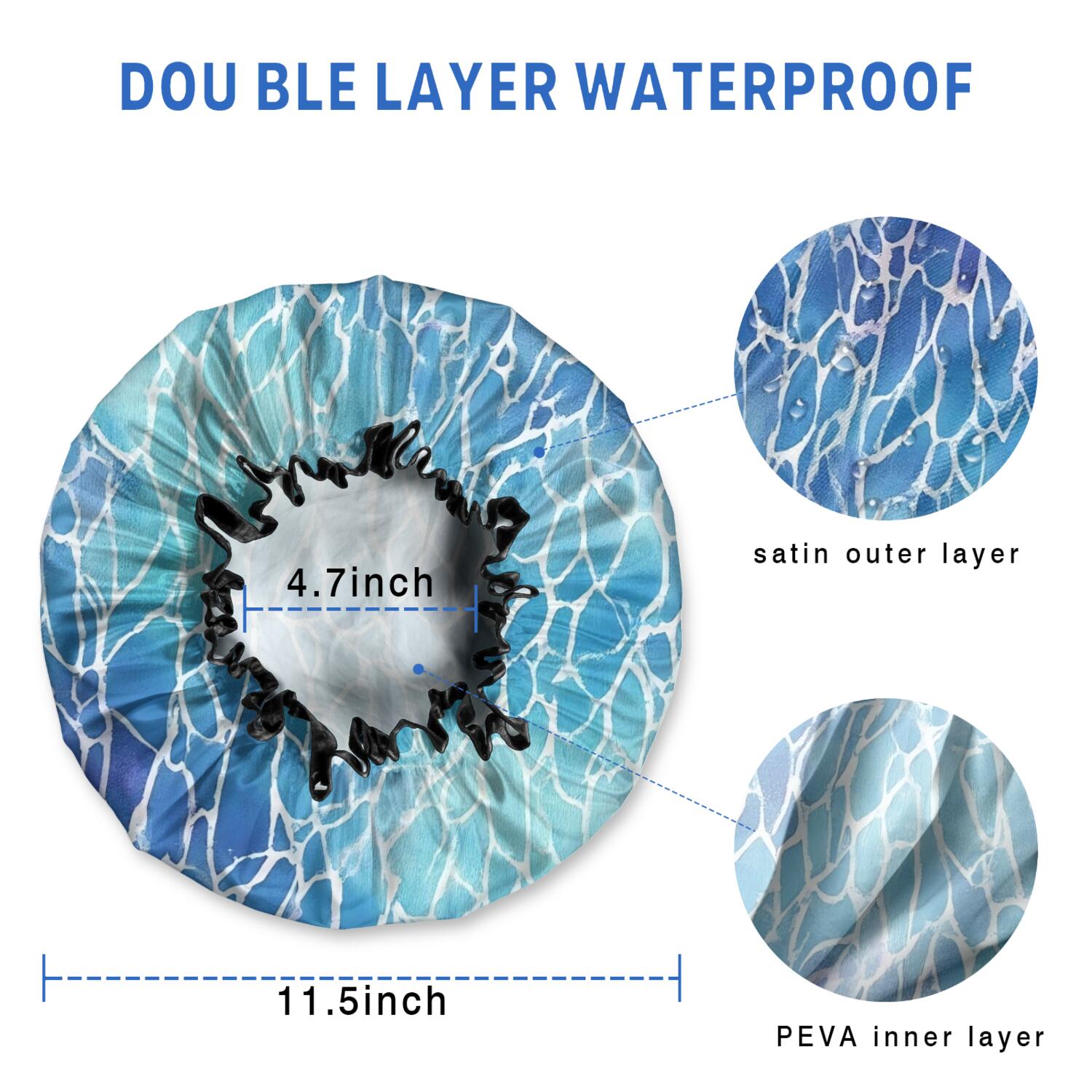 Shower Caps,Blue White Tie Dye Cracked Pattern Waterproof Shower Cap for Women 4 Pieces,Double Reusable Hair Cover for Shower PEVA Elastic Stretch Hem