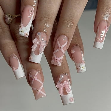 24 Pcs French Tip Press on Nails Long Square Fake Nails White Glue on Nails 3D Flower Butterfly Charm Design Acrylic Nails Squoval Manicure False Nails Artificial Nails for Women and Girls