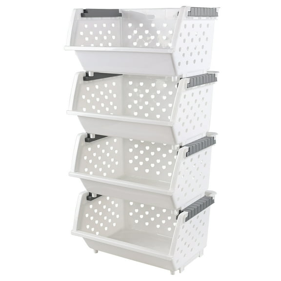Hynomiky 4-Pack Plastic Stackable Storage Basket, Kitchen Stacking Organizer Basket, White