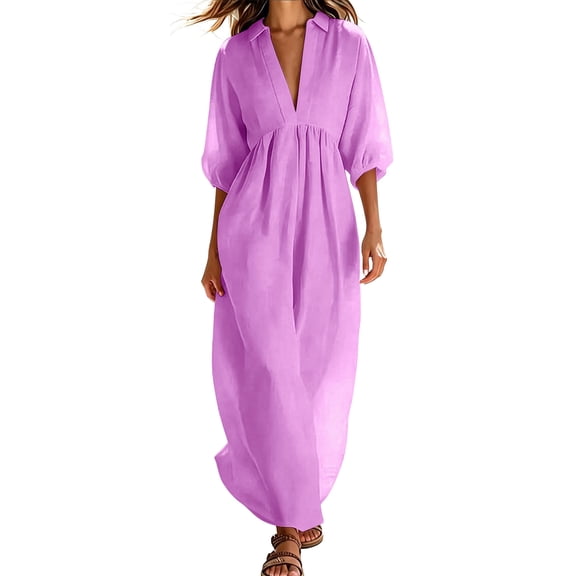 Ohufall Womens Cotton Linen Dress 3/4 Sleeve V Neck High Waist Dresses Turndown Collar Fashion Maxi Dress