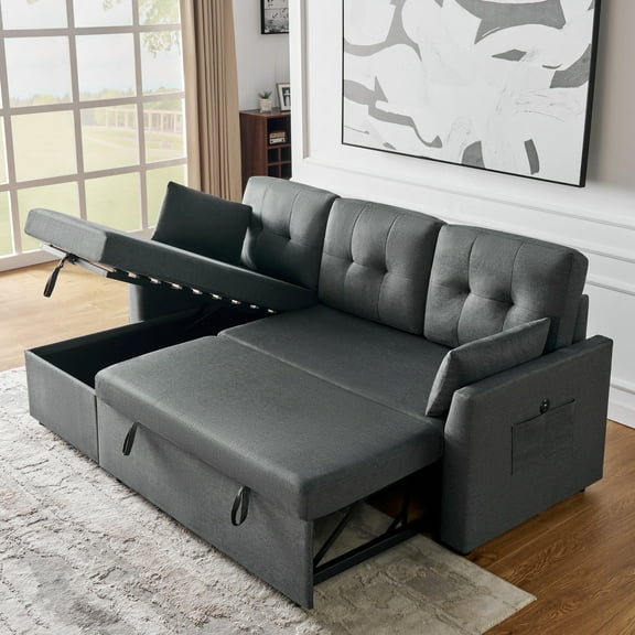 MERLUXY 84" Sofa Bed, Reversible Pull Out Couch with Storage Chaise for living Room, 3 Seater, Gray