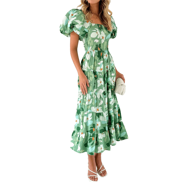 Women's Summer Casual Midi Dress Puffy Short Sleeve Square Neck Smocked Tiered Ruffle Dresses White & Green M