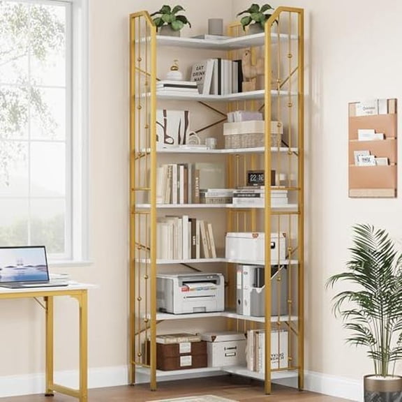 86 Inch 7-Tier L-Shaped Industrial Corner Bookshelf, Beaded Design Large Home Storage Display Rack