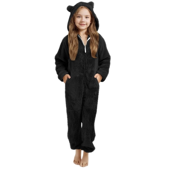 Mercatoo Girls Boys Bear Ear Onesie, Fuzzy Fleece Hooded Jumpsuit with Pockets, Cozy Warm Winter Sleepwear and Lounge Wear for Cold Nights
