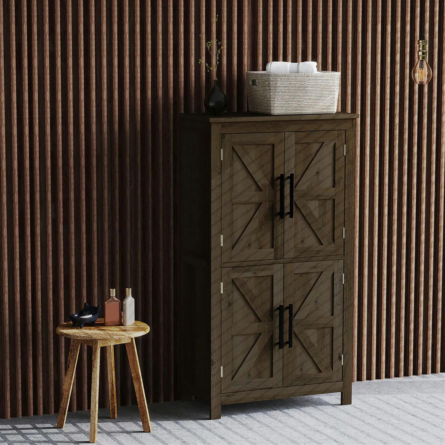 Demi Bonn 43" Farmhouse Bathroom Floor Cabinet, Freestanding Storage Cabinet with Adjustable Shelf and 4 Doors, for Living room, Entryway, Kitchen, Brown