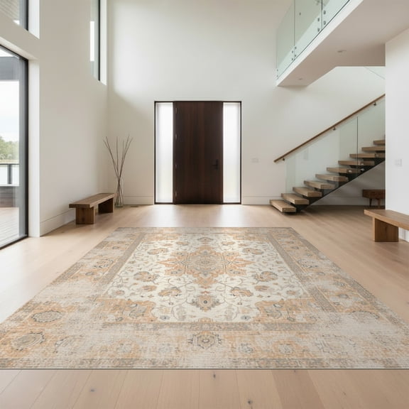Design&I 8'x10' Washable Area Rug Extra Large Skid-Resistant Low Profile Neutral Vintage Medallion With Distressed Floral Scroll And Border for Living Room, Family
