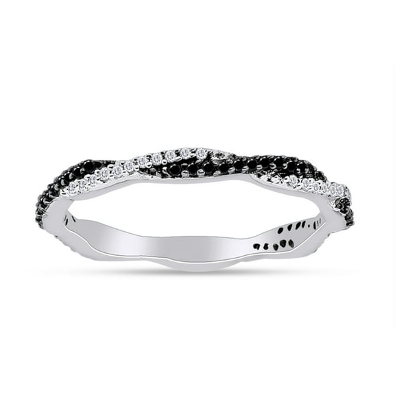 1/4 Carat CTTW Round Cut Black And White Natural Twisted Stackable Wedding Band Ring In 14K White Gold Over Sterling Silver (0.25 Cttw, I2-I3 Clarity)