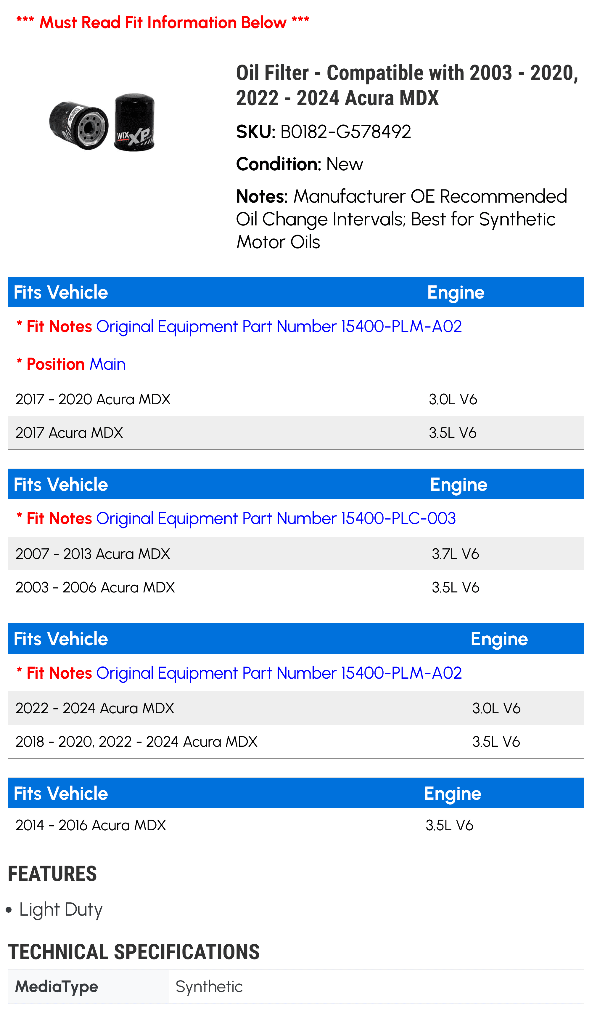 Oil Filter - Compatible with 2003 - 2020, 2022 - 2024 Acura MDX 2004 2005 2006 2007 2008 2009 2010 2011 2012 2013 2014 2015 2016 2017 2018 2019 2023