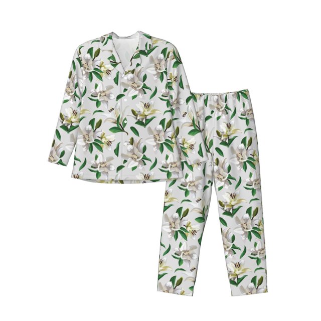 Balery Lilies Flowers Pijama para Hombre de Dos Piezas con Manga Larga, Conjunto de Dormir y Descanso Suave con Bolsillos-Medium